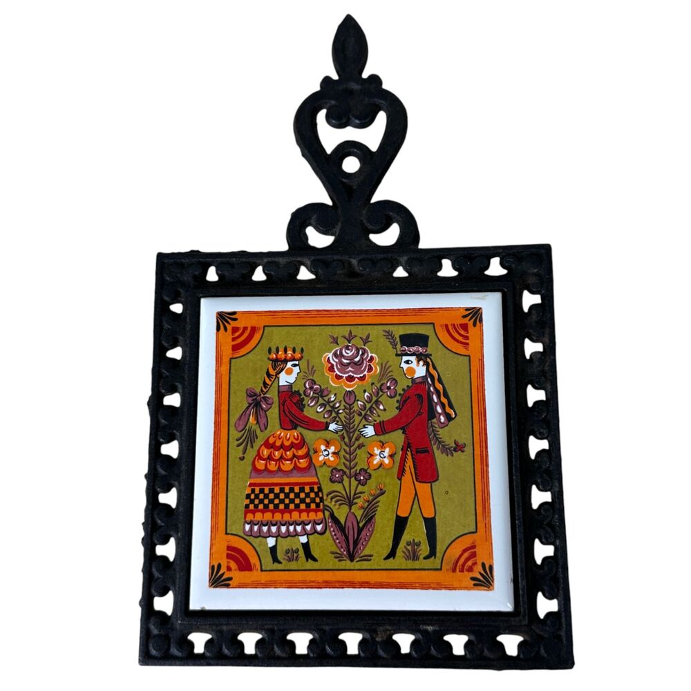 Vintage Japan Cast Iron Kitchen Wall Hanging Folk Art Man Woman Trivet 1970s